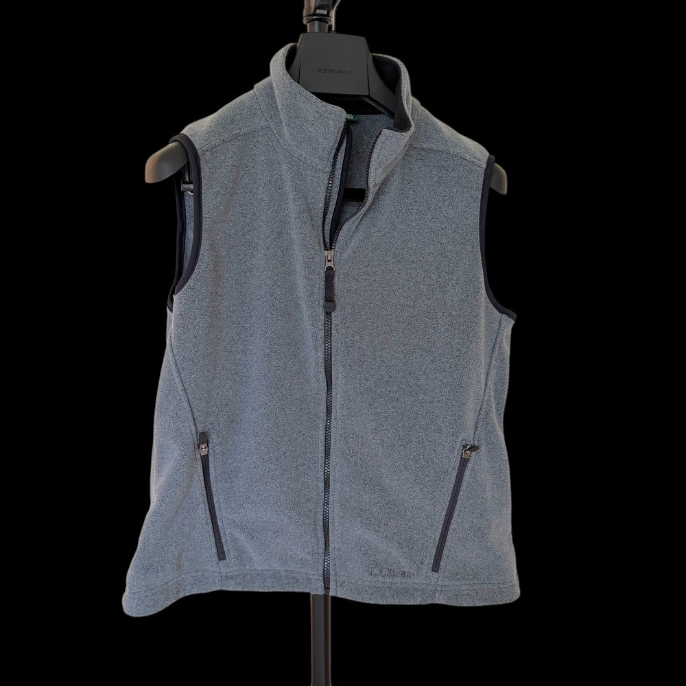 LL Bean Womens Fleece Vest Gray Full Zip Mock Neck Pockets M Medium FJY4